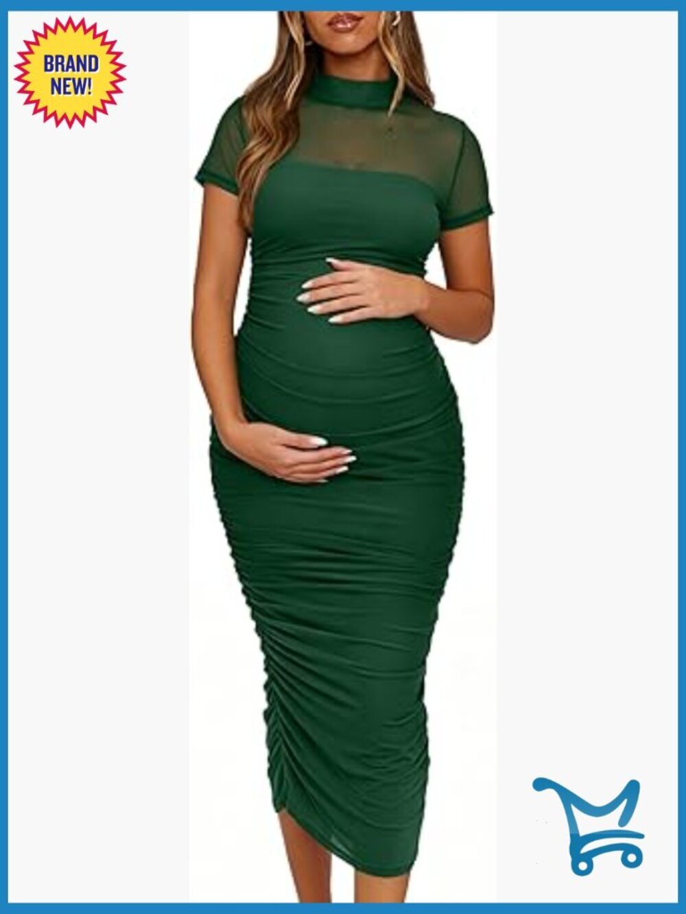 Maternity Mesh Mock Neck Ruched Bodycon Midi Dress Back Zipper